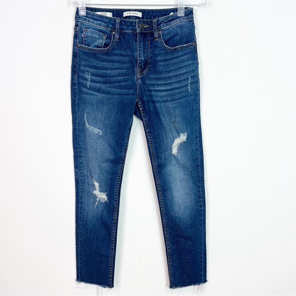 VIGOSS JAGGER SKINNY DISTRESSED MID RISE JEANS FRAY HEM WOMENS SZ 26